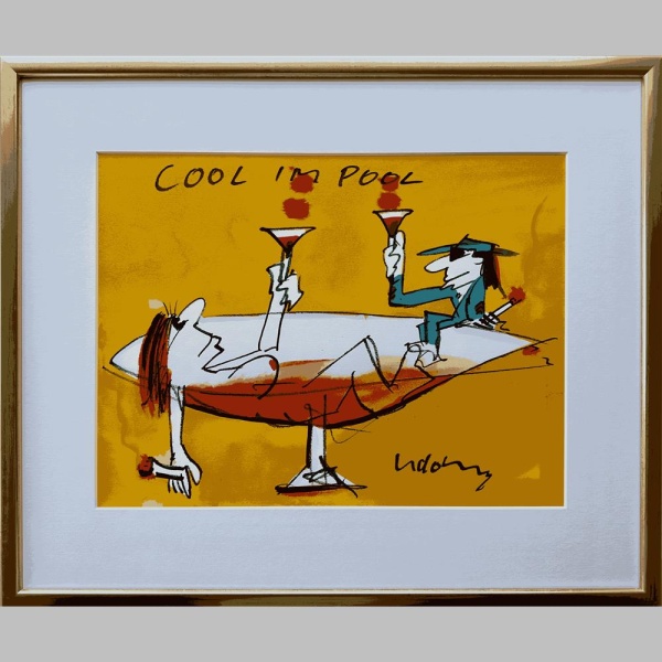 Cool im Pool ist ein Kunstwerk von Udo Lindenberg. Es wurde mittels Aquarell auf Papier geschaffen und ist ein Unikat. Es hat ein Blattmaß von 36 x 47 cm und ist museal gerahmt.